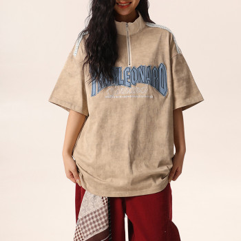 Retro Street Design Washed Patchwork Half Zip T-Shirts  | Washed & Applique Patch | OEM & ODM