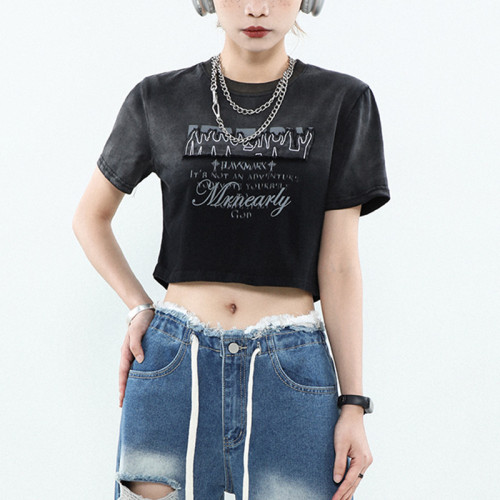 American Street Vintage Washed Slim Fit Women T-Shirt | Washed & Applique Patch & Screen Printing