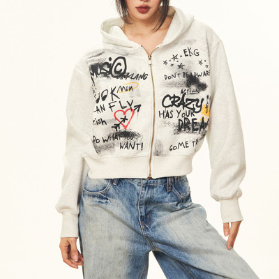 Custom Vintage Graffiti Style Boxy Fit Women's Cropped Hoodie | DTG | Milk Silk Knitted Fabric