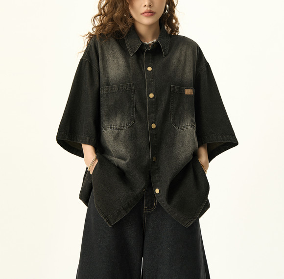 Custom Vintage Street Oversized Short Sleeve Denim Shirt | Sun Faded & Embroidery | Denim Fabric