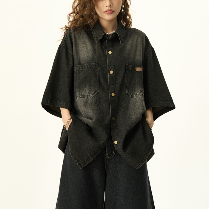 Custom Vintage Street Oversized Short Sleeve Denim Shirt | Sun Faded & Embroidery | Denim Fabric