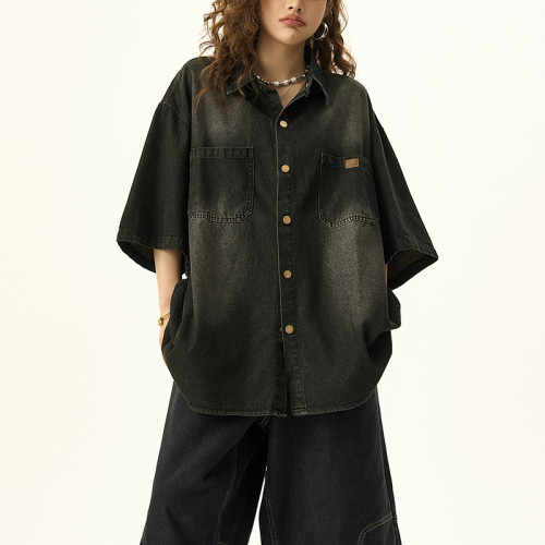 Custom Vintage Street Oversized Short Sleeve Denim Shirt | Sun Faded & Embroidery | Denim Fabric