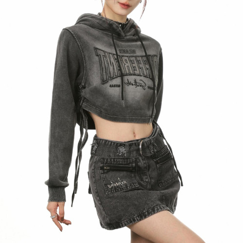 Custom Vintage Gradient Women's Cropped Hoodies | Acid Washed & Embroidery | Long Sleeve Hoodies
