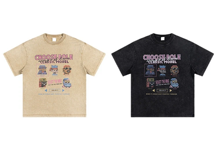 Custom Vintage Street Washed Game Themed Printed T-shirt