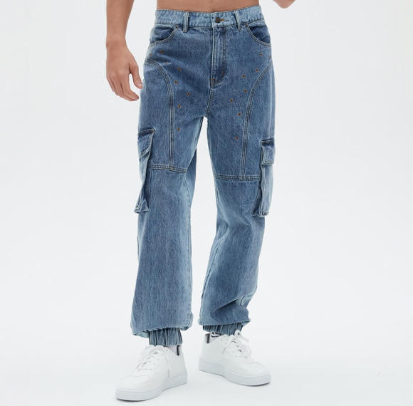 Original Design Vintage Washed Denim Workwear Pants | Washed & Embroidery | Denim Fabric Cargo Jeans