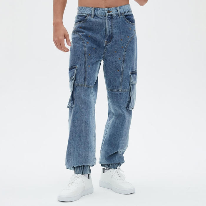 Original Design Vintage Washed Denim Workwear Pants | Washed & Embroidery | Denim Fabric Cargo Jeans