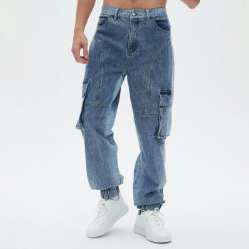 Original Design Vintage Washed Denim Workwear Pants | Washed & Embroidery | Denim Fabric Cargo Jeans