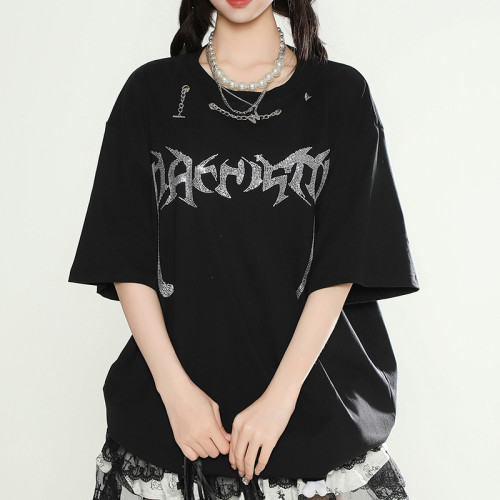 Custom Punk Street Style Short-Sleeved Rhinestone Graphic T-shirts | Rhinestone | OEM & ODM