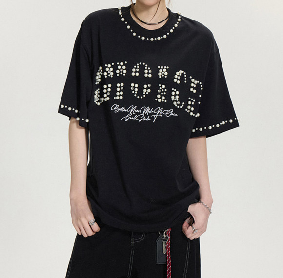 Custom Vintage Street Pearl Embellished T-shirt | Oversized Fit T-shirts | 100% Cotton | OEM & ODM