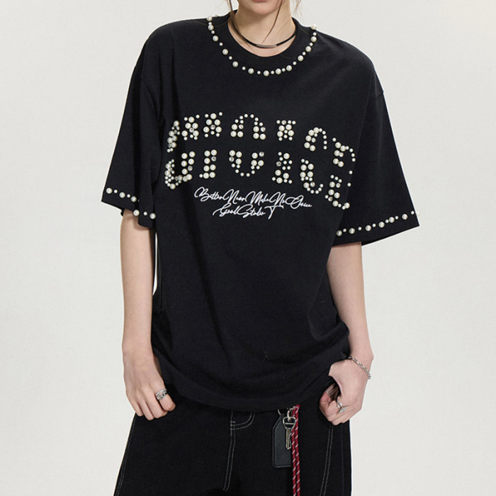 Custom Vintage Street Pearl Embellished T-shirt | Oversized Fit T-shirts | 100% Cotton | OEM & ODM
