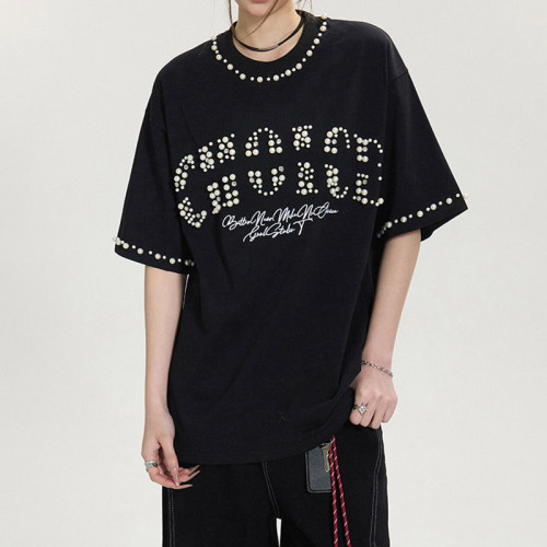Custom Vintage Street Pearl Embellished T-shirt | Oversized Fit T-shirts | 100% Cotton | OEM & ODM