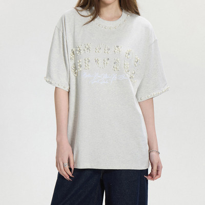Custom Vintage Street Pearl Embellished T-shirt | Oversized Fit T-shirts | 100% Cotton | OEM & ODM