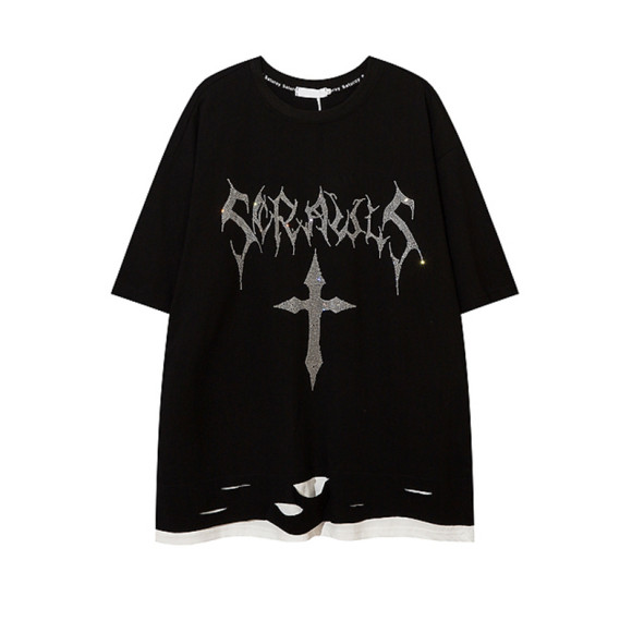 Custom Dark Street Style Rhinestone Fake Two Piece T-Shirt | Oversized Fit T-shirts | 100% Cotton