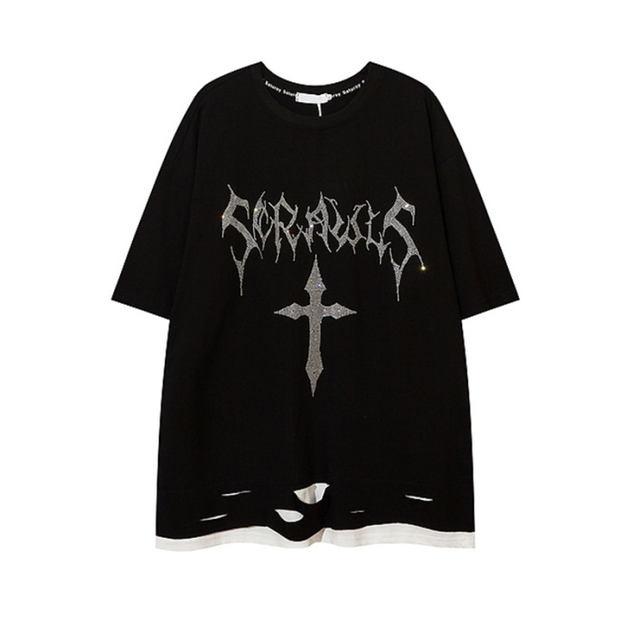 Custom Dark Street Style Rhinestone Fake Two Piece T-Shirt | Oversized Fit T-shirts | 100% Cotton