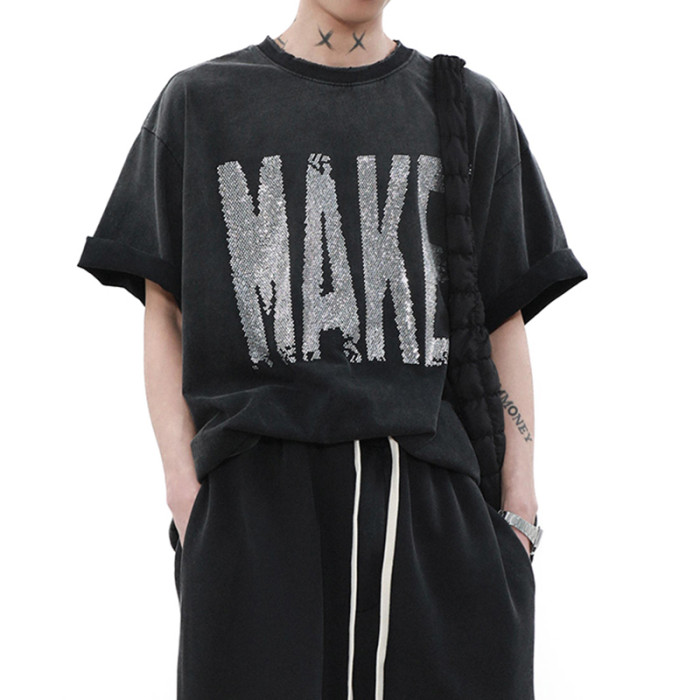 Custom High Street Washed Gradient Rhinestone Short Sleeve T-Shirt | 260GSM 100% Cotton T-Shirts