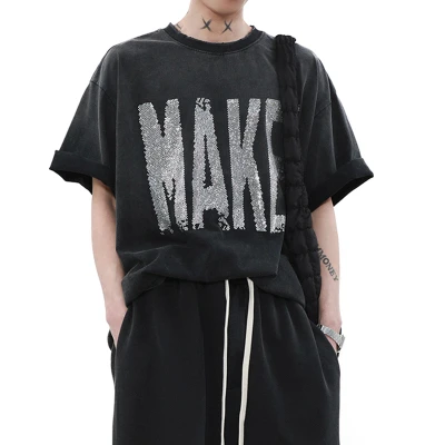 Custom High Street Washed Gradient Rhinestone Short Sleeve T-Shirt | 260GSM 100% Cotton T-Shirts