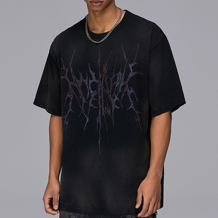 Custom Vintage Rhinestone Washed Oversized Short Sleeve T-Shirt | Washed & Spray & Rhinestone