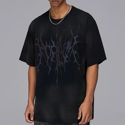 Custom Vintage Rhinestone Washed Oversized Short Sleeve T-Shirt | Washed & Spray & Rhinestone