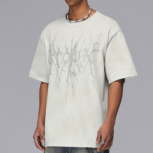 Custom Vintage Rhinestone Washed Oversized Short Sleeve T-Shirt | Washed & Spray & Rhinestone