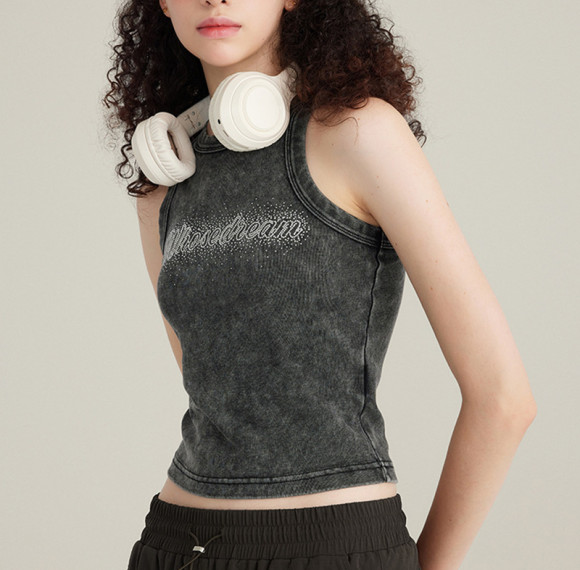 Custom Vintage Washed Skinny Sleeveless Women's Tank Top | Washed & Rhinestone | 315GSM Washed Fabric