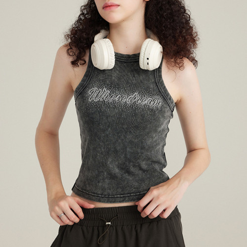 Custom Vintage Washed Skinny Sleeveless Women's Tank Top | Washed & Rhinestone | 315GSM Washed Fabric