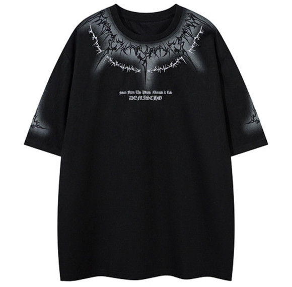 Custom Gothic Embroidered Printed Oversized Short Sleeve T-Shirt | Washed & Spray | Suede Fabric