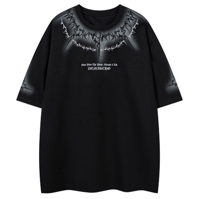 Custom Gothic Embroidered Printed Oversized Short Sleeve T-Shirt | Washed & Spray | Suede Fabric