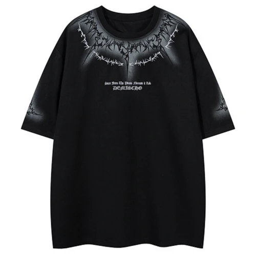 Custom Gothic Embroidered Printed Oversized Short Sleeve T-Shirt | Washed & Spray | Suede Fabric