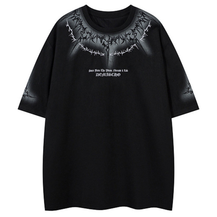 Custom Gothic Embroidered Printed Oversized Short Sleeve T-Shirt | Washed & Spray | Suede Fabric
