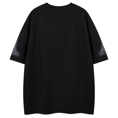 Custom Gothic Embroidered Printed Oversized Short Sleeve T-Shirt | Washed & Spray | Suede Fabric