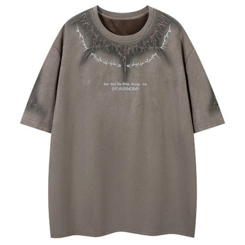 Custom Gothic Embroidered Printed Oversized Short Sleeve T-Shirt | Washed & Spray | Suede Fabric