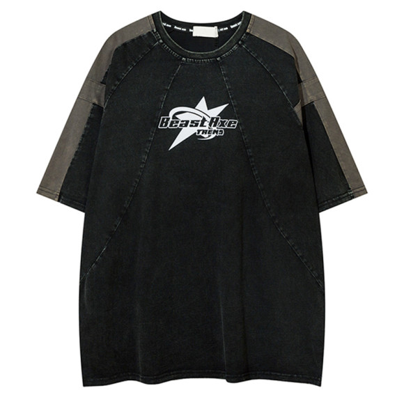 Custom High Street Vintage Patchwork Short Sleeve T-Shirt | Washed & Screen Printing | OEM & ODM