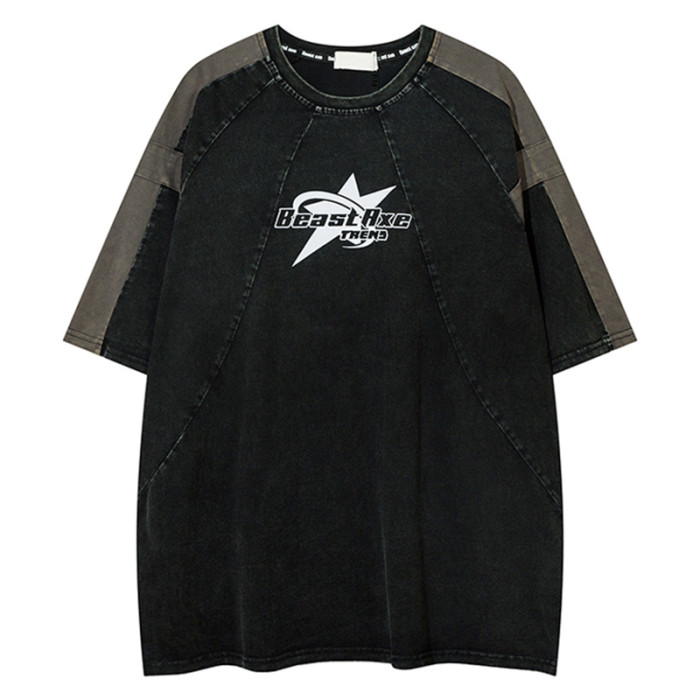 Custom High Street Vintage Patchwork Short Sleeve T-Shirt | Washed & Screen Printing | OEM & ODM