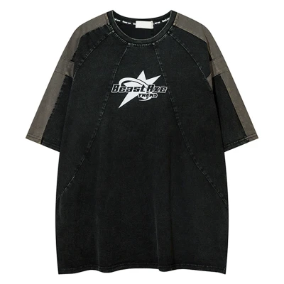 Custom High Street Vintage Patchwork Short Sleeve T-Shirt | Washed & Screen Printing | OEM & ODM