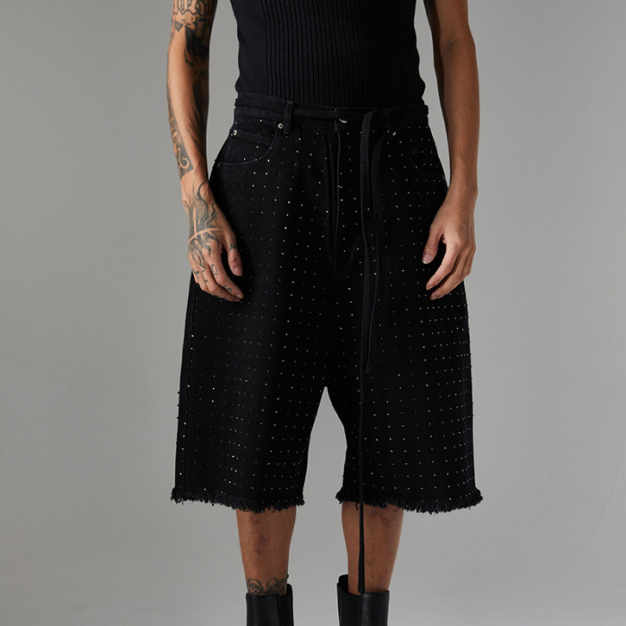 Custom Retro Studded Rhinestone Denim Shorts | Washed & Rhinestone | 100% Cotton Denim Fabric