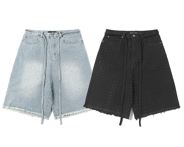 Custom Retro Studded Rhinestone Denim Shorts