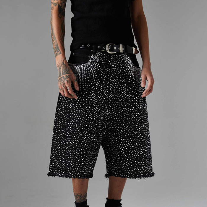 Customized Vintage Raw Edge Rhinestone Denim Shorts | Washed & Rhinestone | 100% Cotton Denim Fabric
