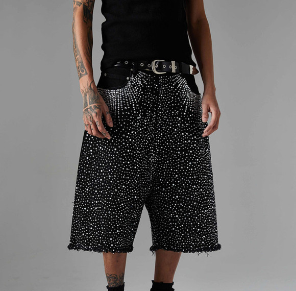 Customized Vintage Raw Edge Rhinestone Denim Shorts | Washed & Rhinestone | 100% Cotton Denim Fabric
