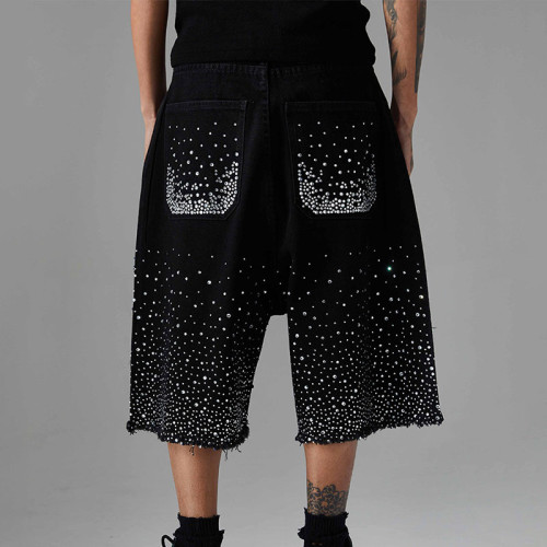 Customized Vintage Raw Edge Rhinestone Denim Shorts | Washed & Rhinestone | 100% Cotton Denim Fabric