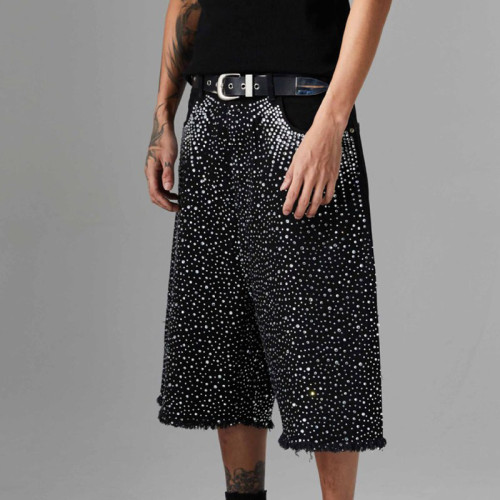 Customized Vintage Raw Edge Rhinestone Denim Shorts | Washed & Rhinestone | 100% Cotton Denim Fabric