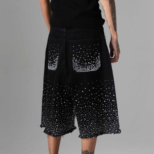 Customized Vintage Raw Edge Rhinestone Denim Shorts | Washed & Rhinestone | 100% Cotton Denim Fabric