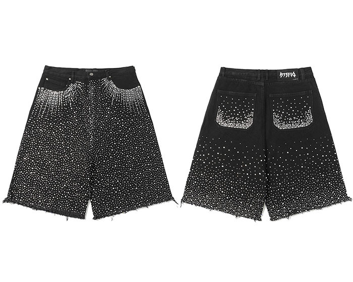 Customized Vintage Raw Edge Rhinestone Denim Shorts