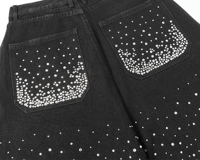 Customized Vintage Raw Edge Rhinestone Denim Shorts