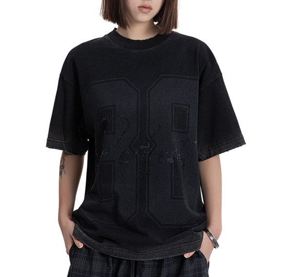 Custom Vintage Street Letter Print Fitted T-Shirt | Washed & DTG & Rhinestone | OEM & ODM