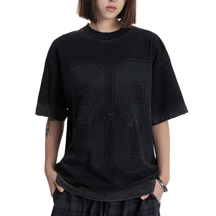 Custom Vintage Street Letter Print Fitted T-Shirt | Washed & DTG & Rhinestone | OEM & ODM