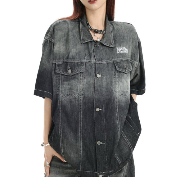 Custom Vintage Street Gradient Denim Short Sleeve Shirt | Washed & Embroidery | OEM Shirts Manufacturer