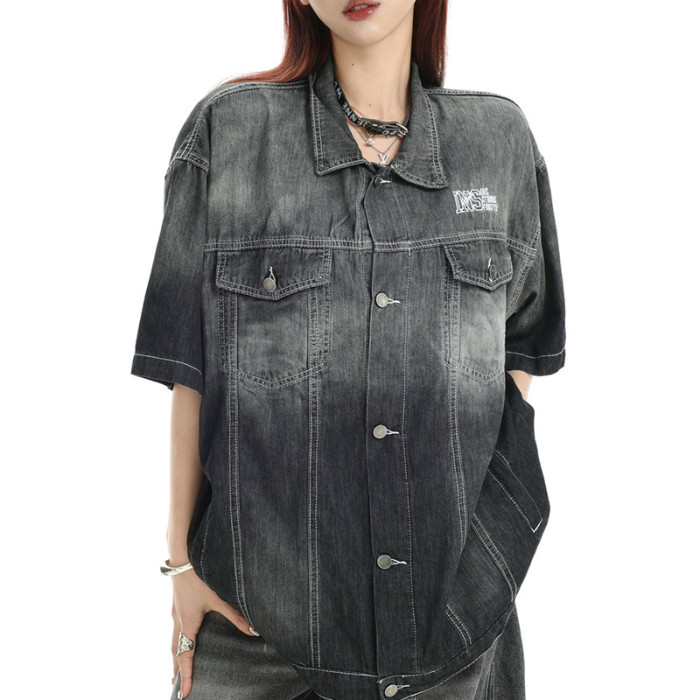 Custom Vintage Street Gradient Denim Short Sleeve Shirt | Washed & Embroidery | OEM Shirts Manufacturer