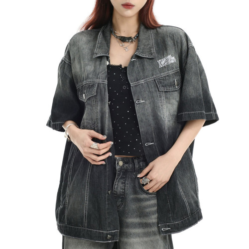 Custom Vintage Street Gradient Denim Short Sleeve Shirt | Washed & Embroidery | OEM Shirts Manufacturer