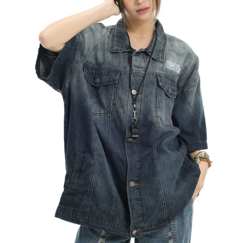 Custom Vintage Street Gradient Denim Short Sleeve Shirt | Washed & Embroidery | OEM Shirts Manufacturer