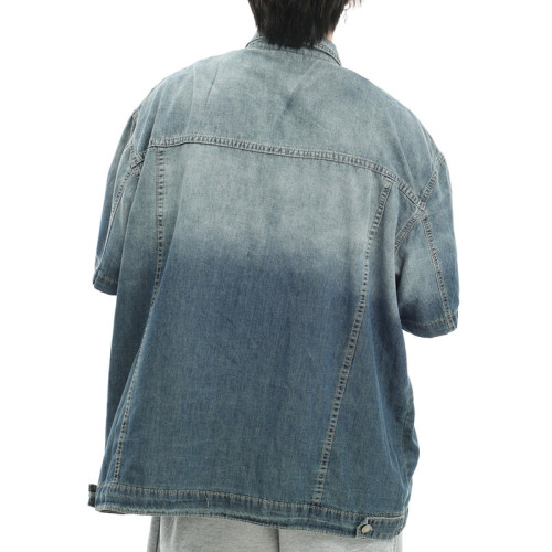 Custom Vintage Street Gradient Denim Short Sleeve Shirt | Washed & Embroidery | OEM Shirts Manufacturer